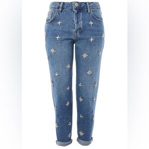 Topshop Blue Straight Leg Jeans with Embroidery